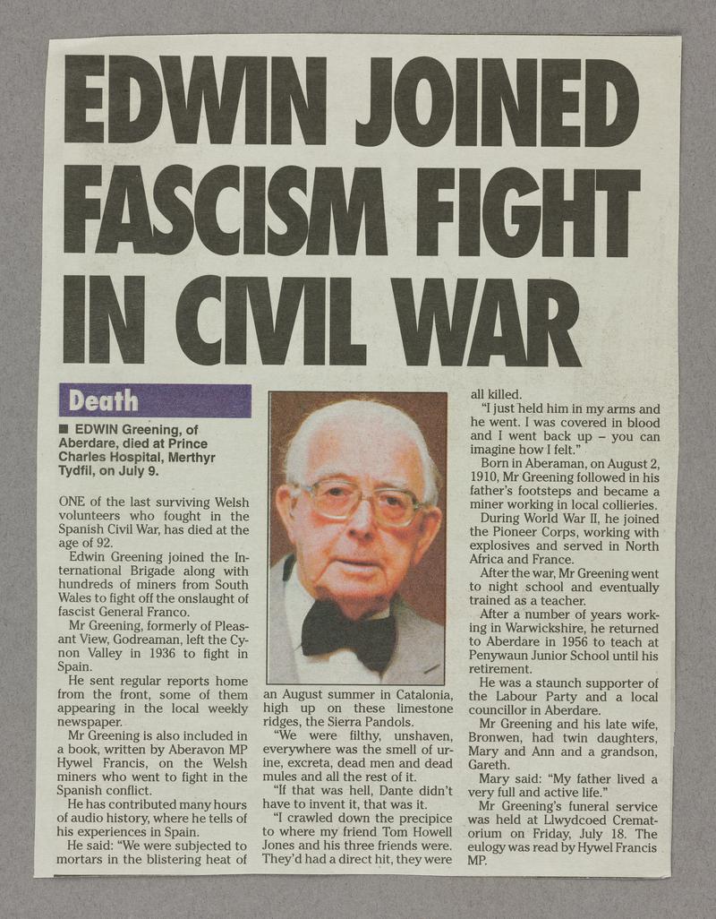 Obituary of Edwin Greening of Aberdare. Probably printed in South Wales Echo, c.July 2002. Black print with colour photograph.