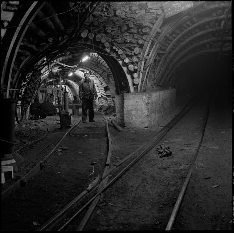Black and white film negative showing an underground junction, Deep Duffryn Colliery 1978.  'Deep Duffryn 1978' is transcribed from original negative bag.
