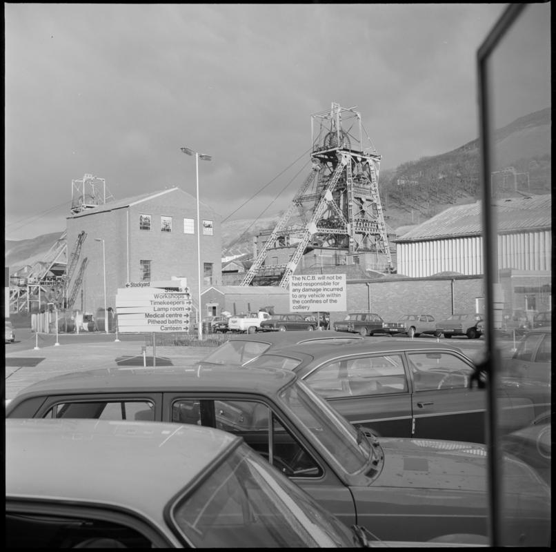 Black and white film negative showing Merthyr Vale Colliery and car park.  'Merthyr Vale' is transcribed from original negative bag.