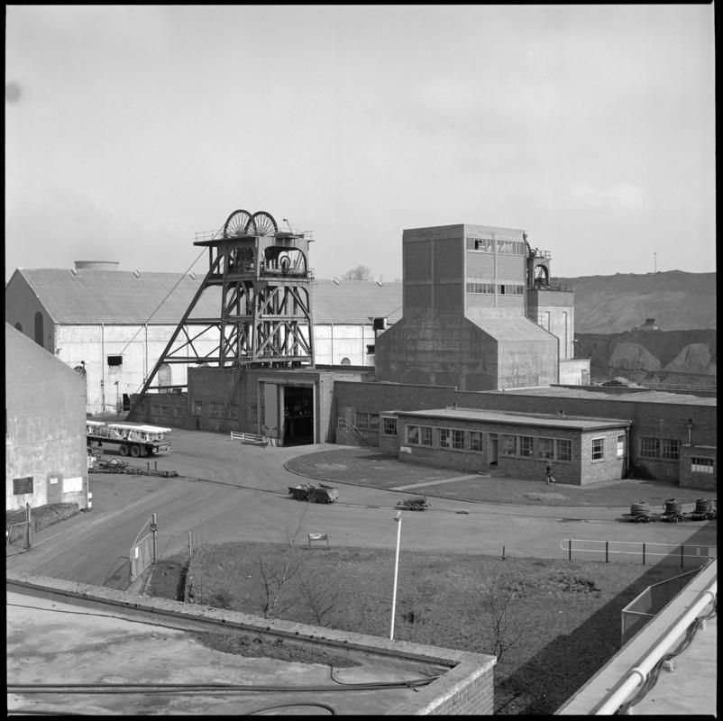 Black and white film negative showing a surface view of Cwm Colliery 3 April 1981.  'Cwm 3 April 1981' is transcribed from original negative bag.