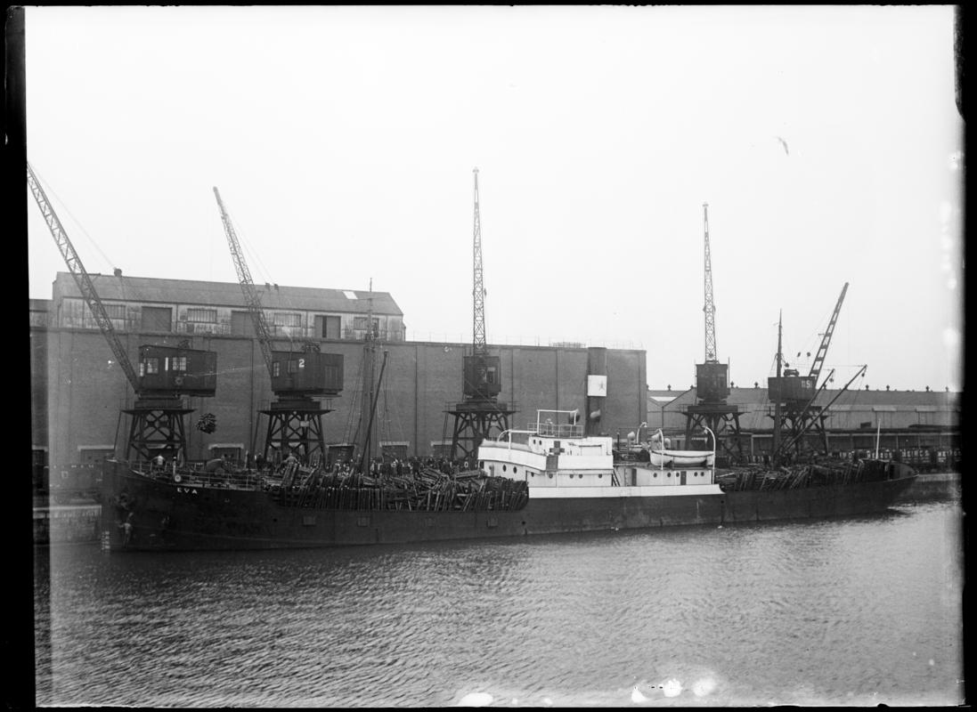 Port broadside view of S.S. EVA at Cardiff Docks, c.1936.