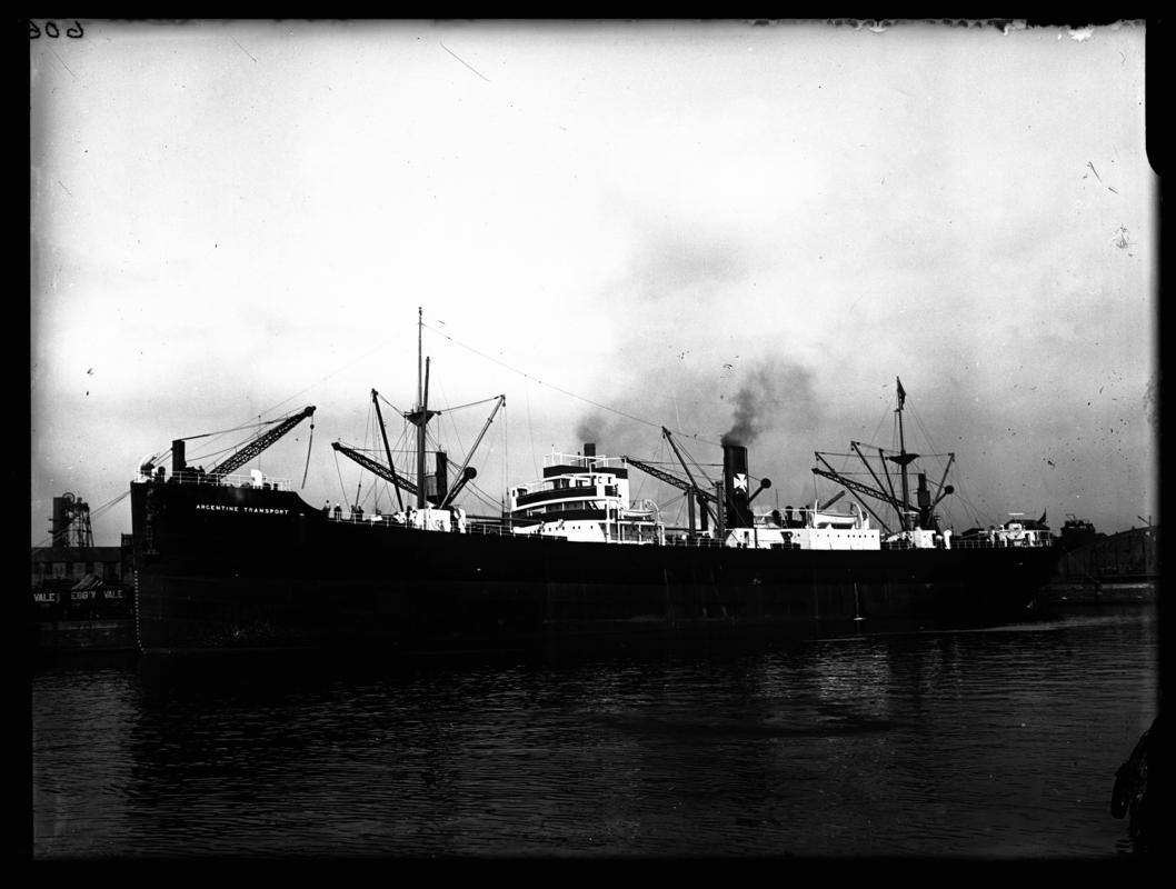 Port broadside view of S.S. ARGENTINE TRANSPORT,  Cardiff Docks c.1936.