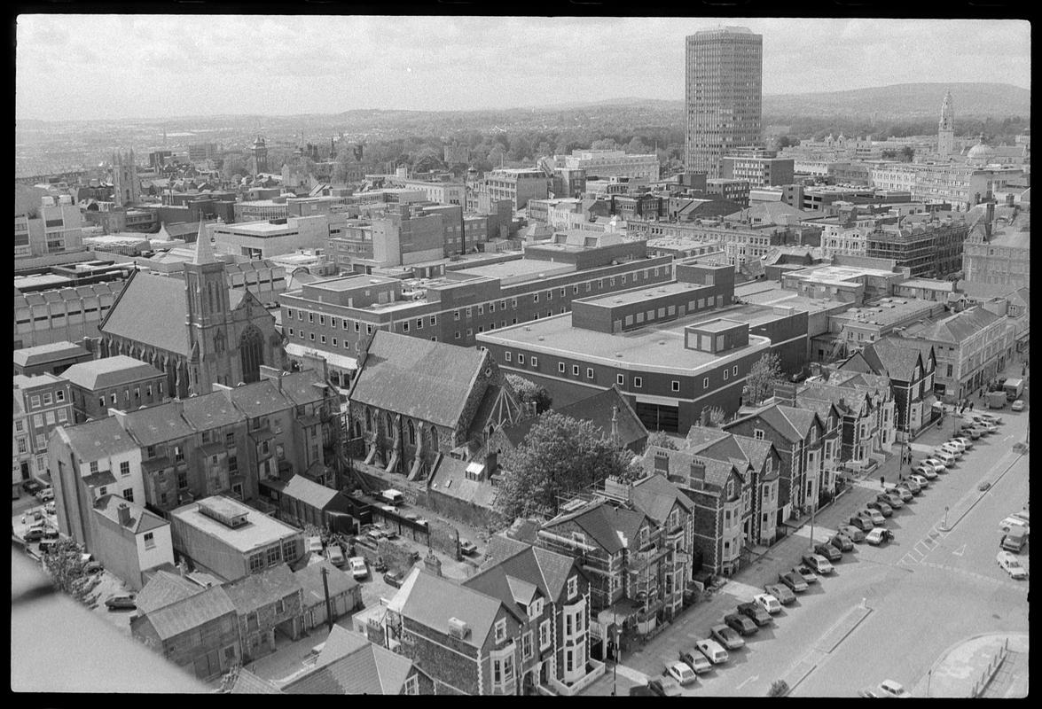 View from top of building on Churchill Way, looking down at St. David's Cathedral.