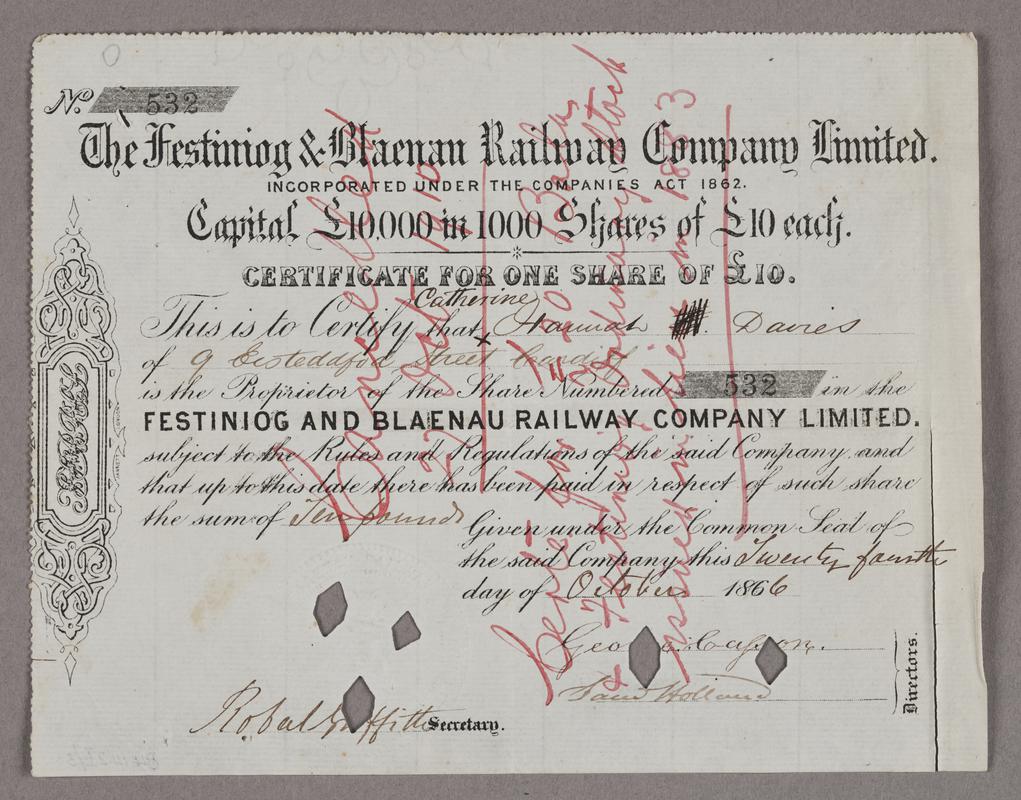Festiniog & Blaenau Railway Co. Ltd. share certificate