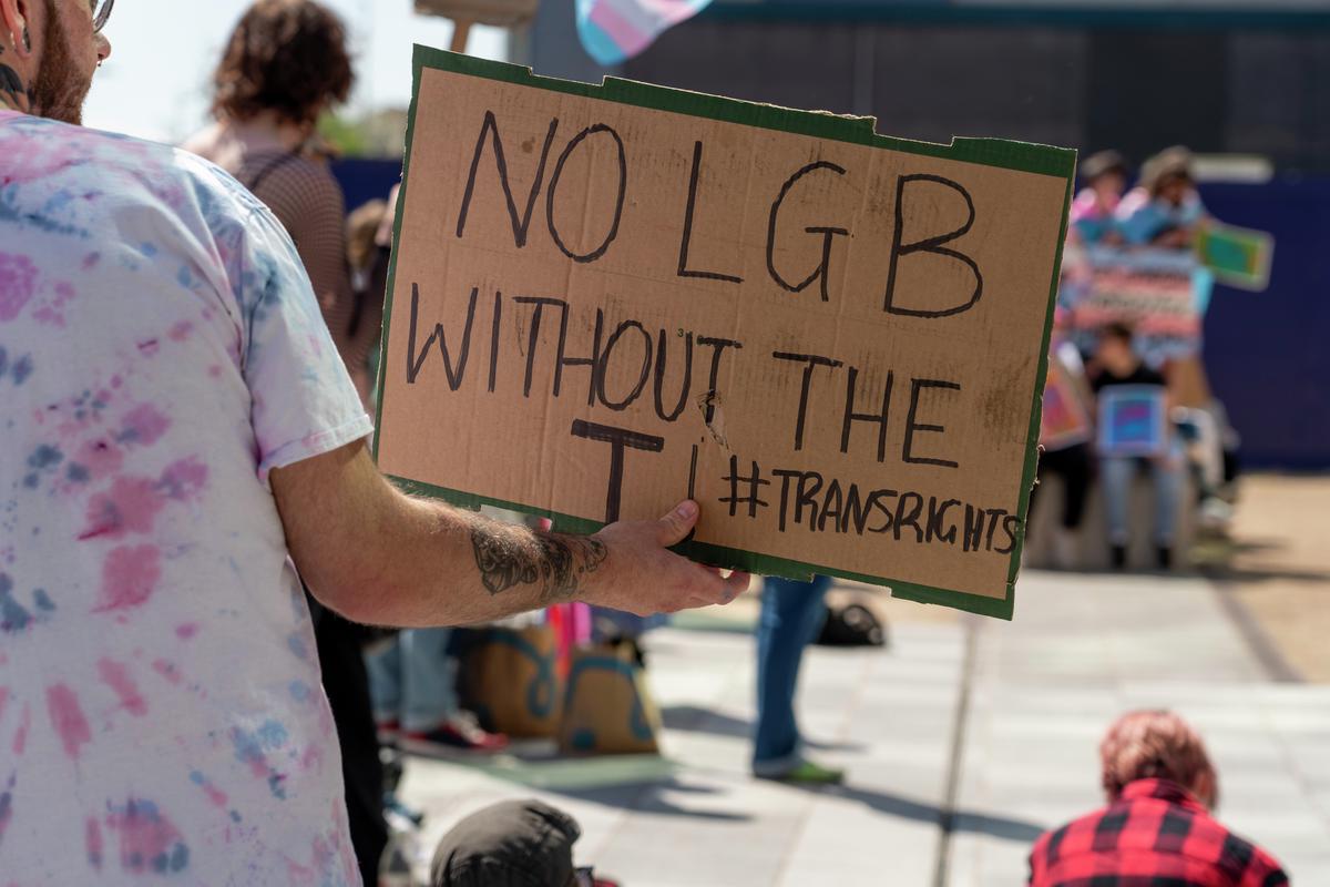 Digital photograph taken at the protest, organised by Trans Aid Cymru, against conversion therapy, on 26 April 2022.