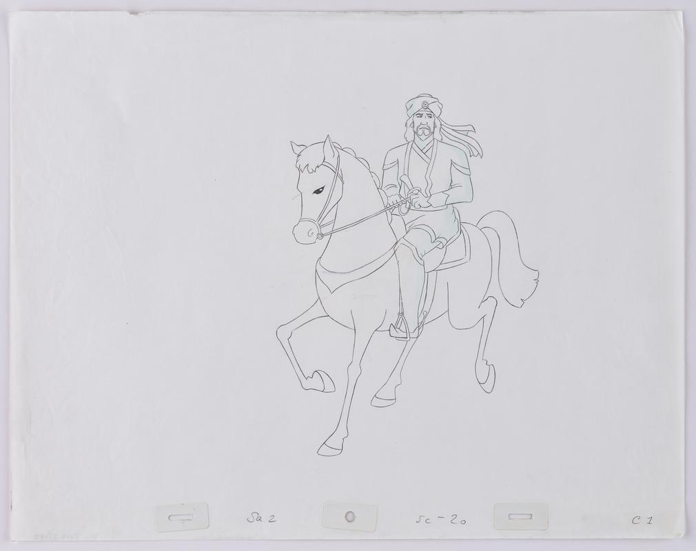 Turandot animation production sketch of the character Calaf on horseback. Appears to be the initial sketch for production artwork 2019.5/120.