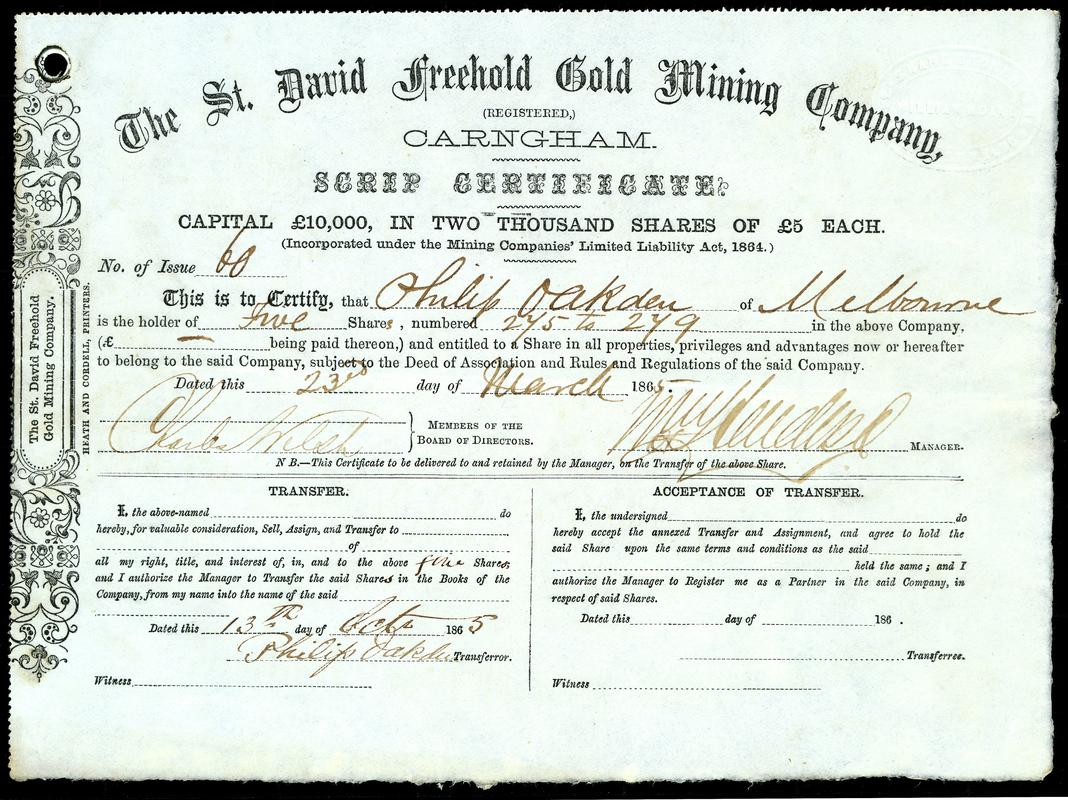 Share Certificate "The St. David Freehold Gold Mining Company"