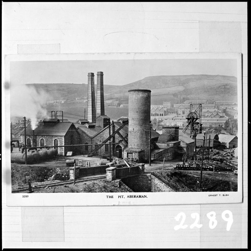 Black and white film negative of a photograph showing a general view of Aberaman Colliery.  'Aberaman' is transcribed from original negative bag.
