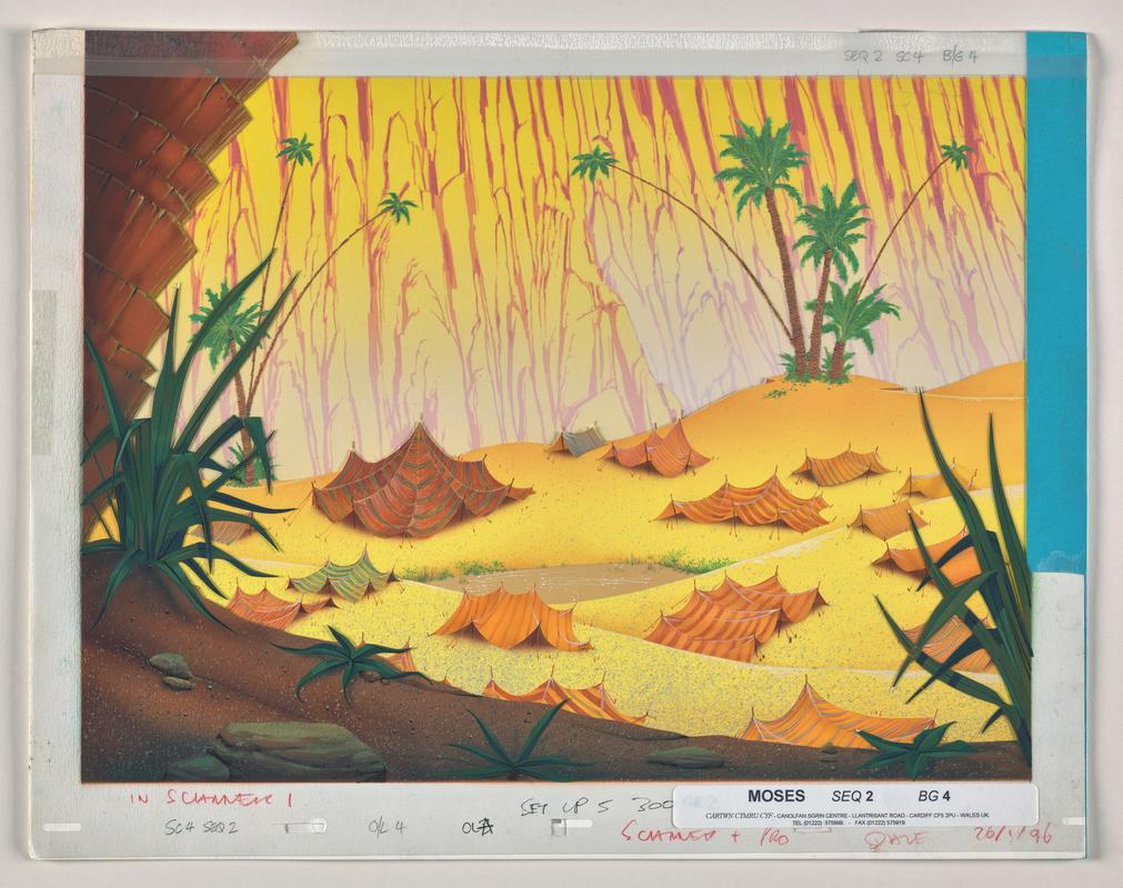 Background animation production artwork from episode Moses in series 'Testament: The Bible in Animation'. Card background, three overlays and sheet of cellulose acetate covering front. Labelled with production company name.