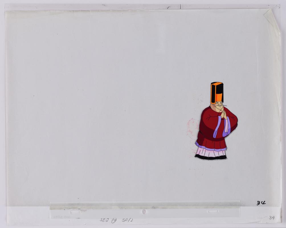 Turandot animation production artwork showing a minister. Sketch on paper overlaid with cellulose acetate.