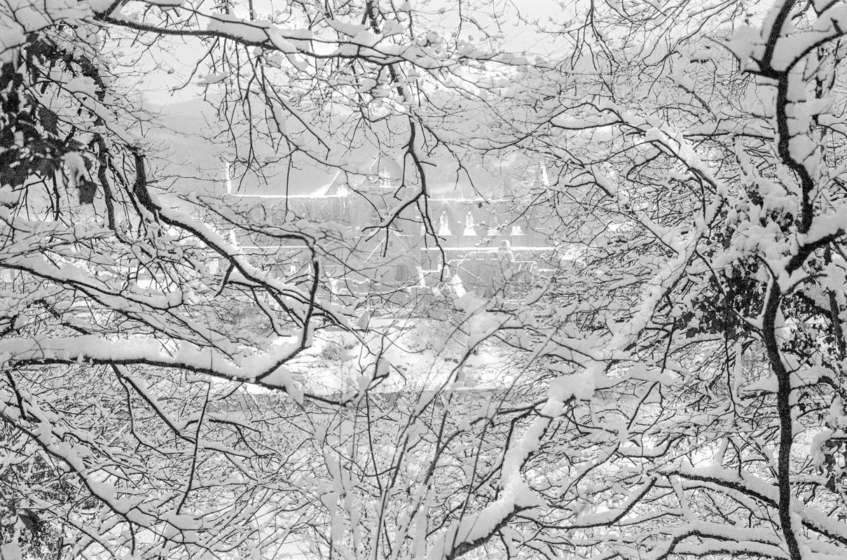 GB. WALES. Tintern. Snow on the Abbey. 1979.