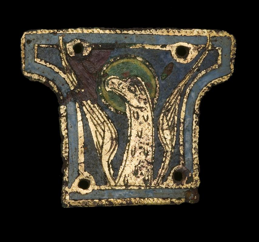 Medieval copper alloy plaque, enamelled