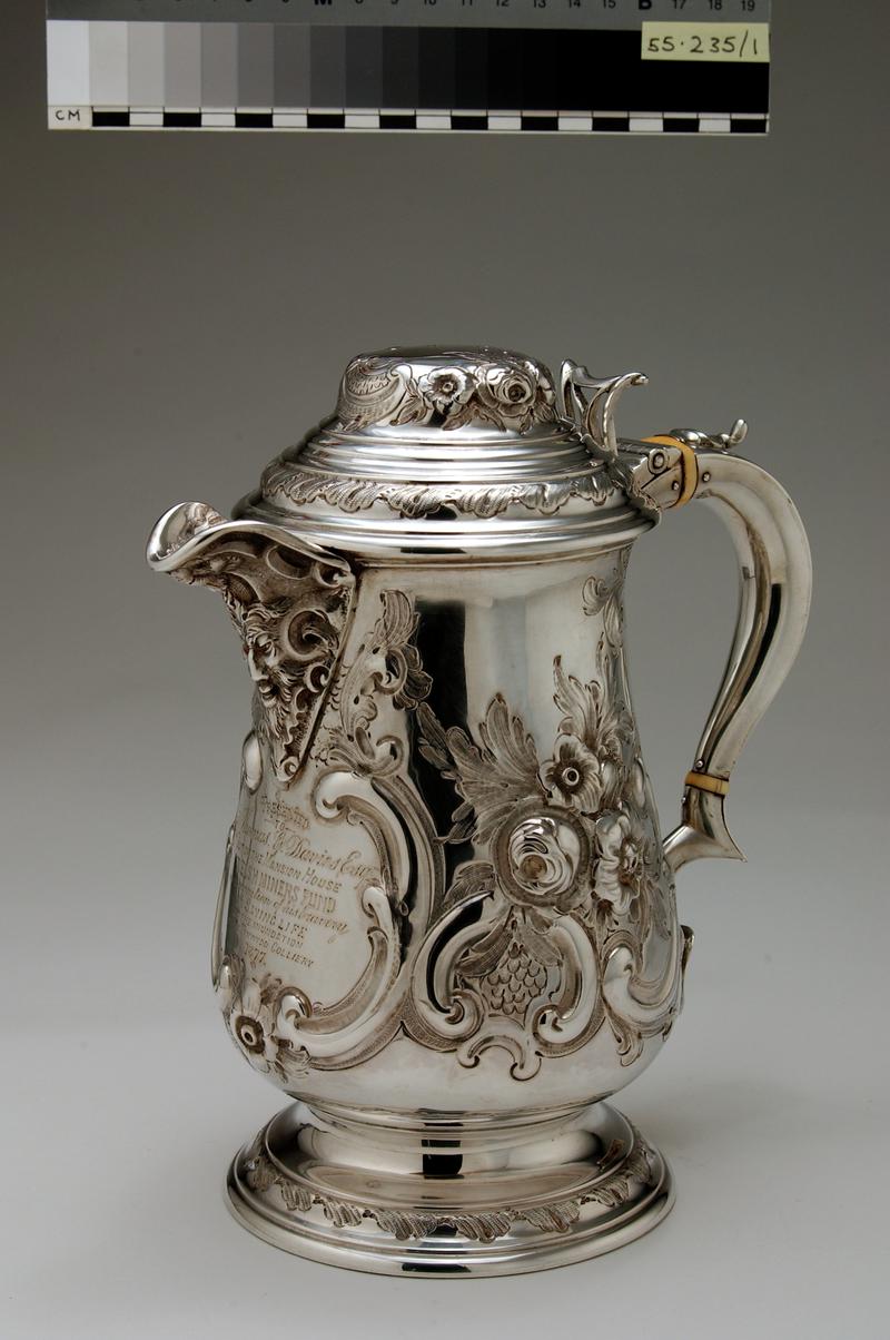 Silver Ewer, 'Presented to Thomas G Davies Esq. out of the Mansion House Welsh Miners' Fund in Recognition of his Bravery in Saving Life at the Inundationof the Tynewydd Colliery 1877'