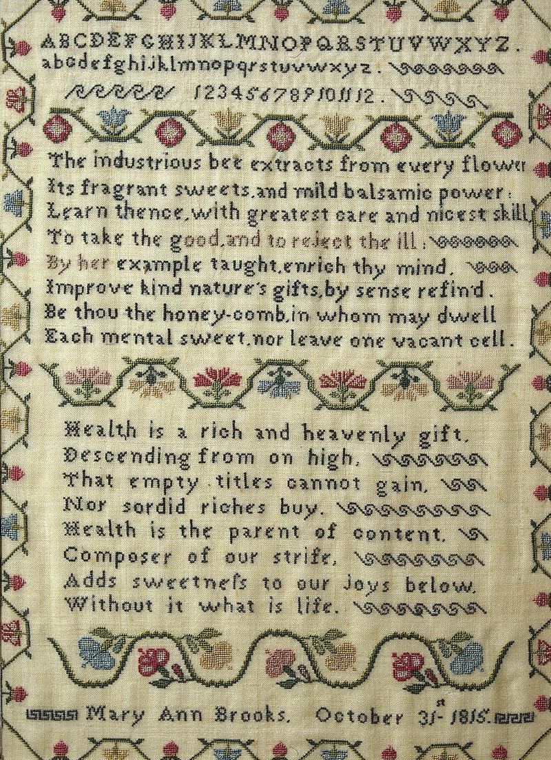 Sampler (alphabet, verse & border motifs), made in London, 1815