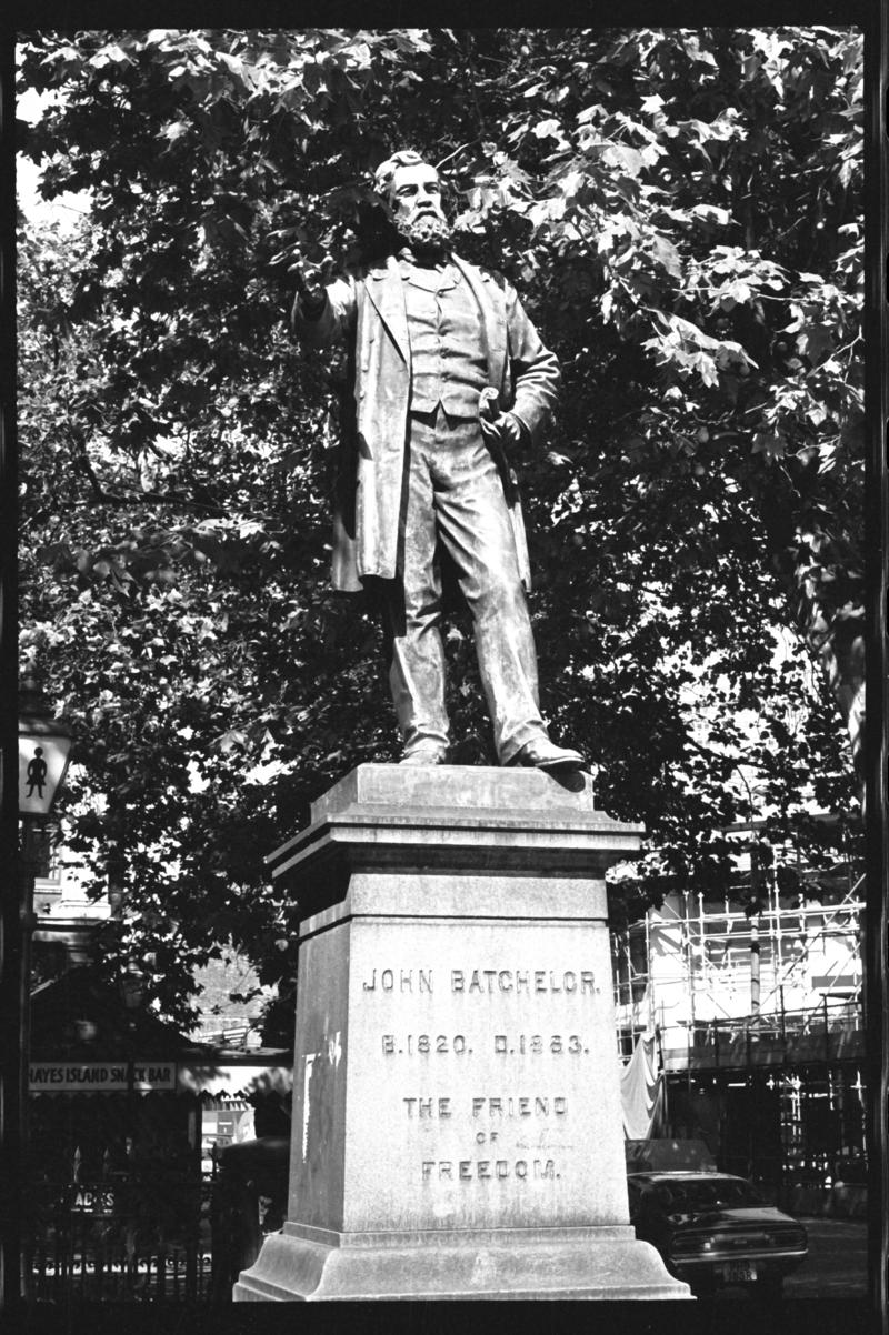 The statue of John Batchelor, 'The Friend of Freedom', in the Hayes, Cardiff.  Batchelor, 1820-1883 was a Cardiff Shipbuilder
