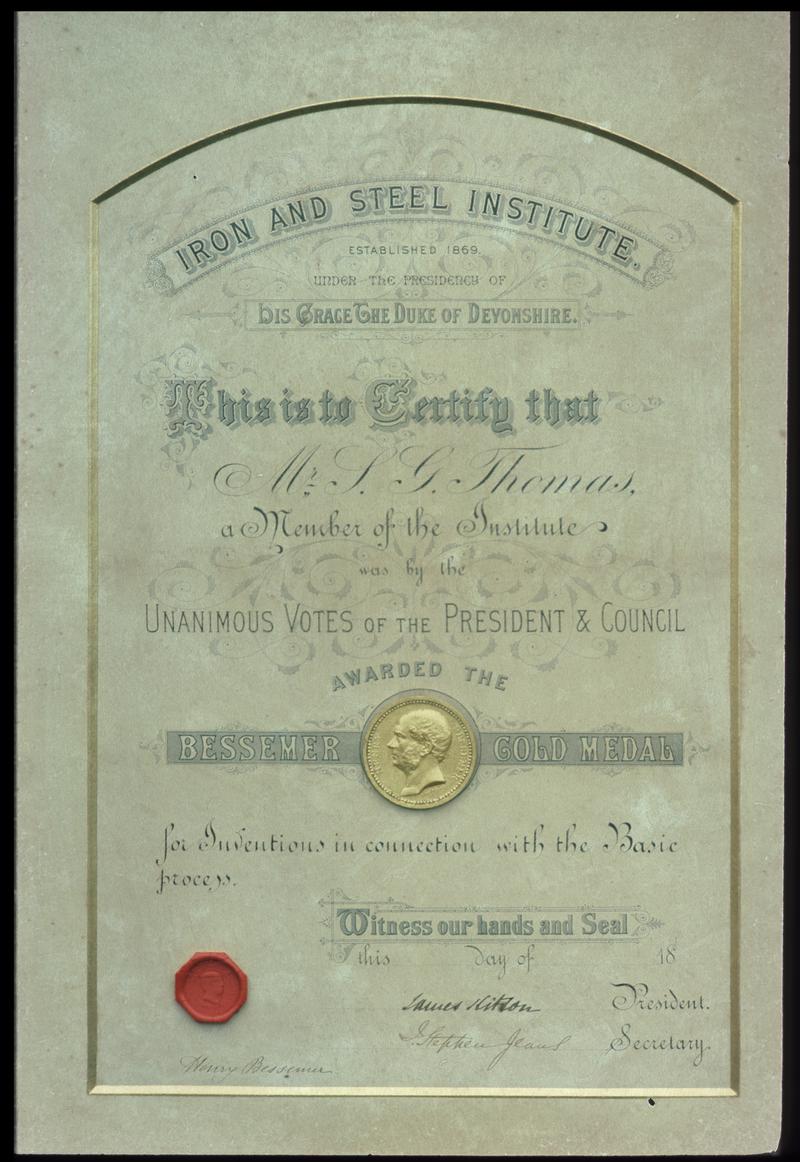 Certificate & Bessemer Gold Medal, S.G. Thomas