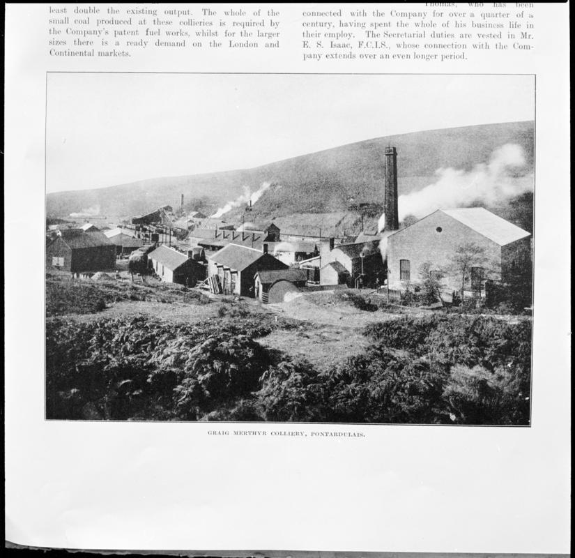 Black and white film negative showing a general view of  Graig Merthyr Colliery, photographed from a publication.  'Graig Merthyr' is transcribed from original negative bag.