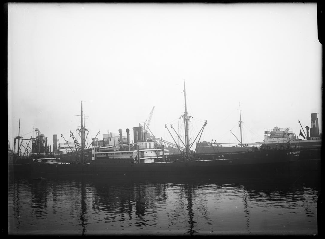 Three quarter Port stern view of M.V. FRIEDRICH ENGELS at Cardiff Docks, c.1936.