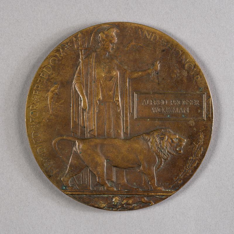 Bronze memorial plaque, often known as the 'Dead Man's Penny'. 'Alfred Prosser Workman'