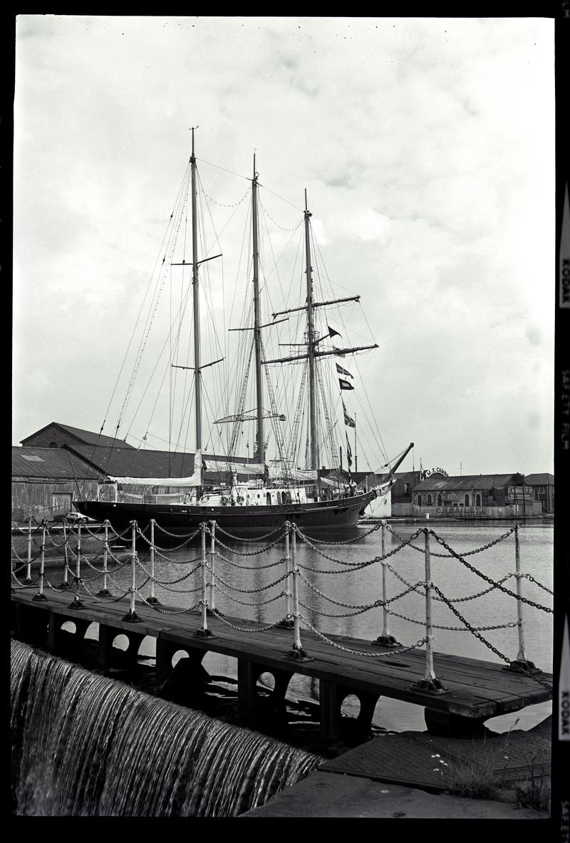 Negative of sail training ship SIR WINSTON CHURCHILL berthed at Bute East Dock, Cardiff.