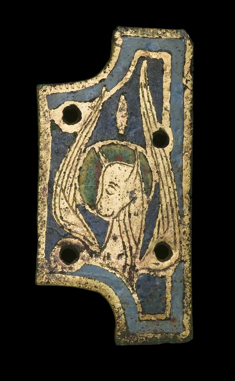 Medieval copper alloy plaque, enamelled