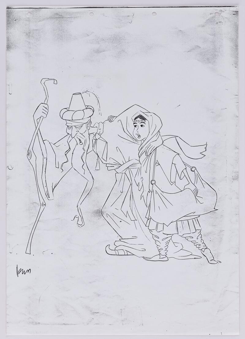 Photocopy of a Turandot animation production sketch of the characters Timur and Liu.