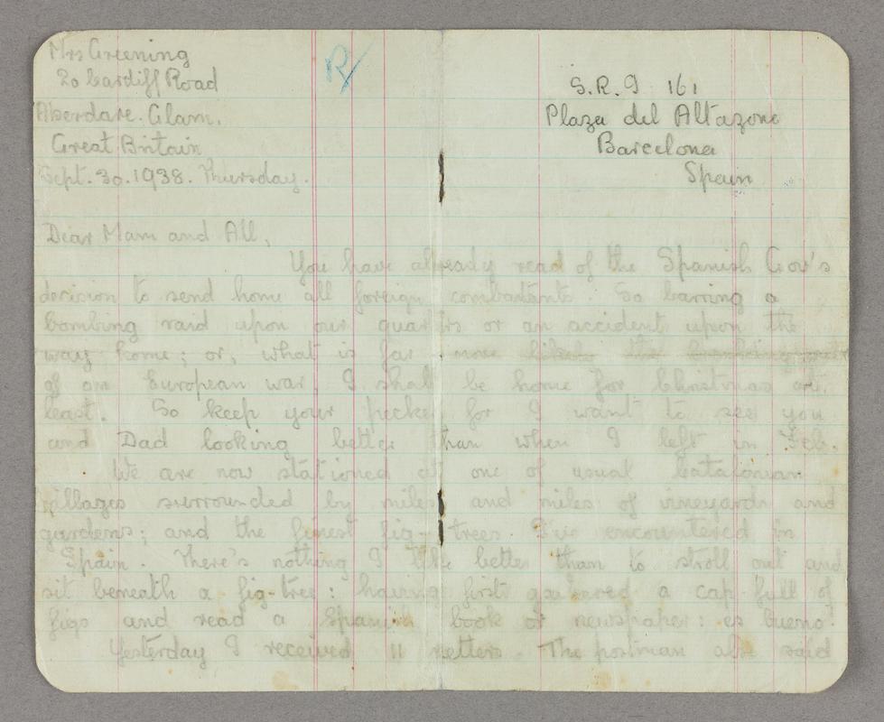 Handwritten letter, on both sides of two pages, from Edwin Greening in Spain to his family in Aberdare. Dated 30 September 1938. Front of first page.