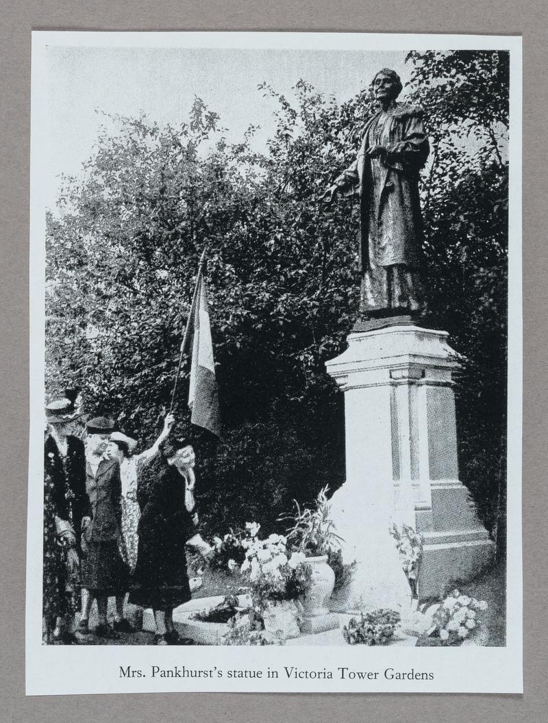 Cpoy of a photograph of statue of Emmeline Pankhurst erected in Victoria Gardens, London, 1930