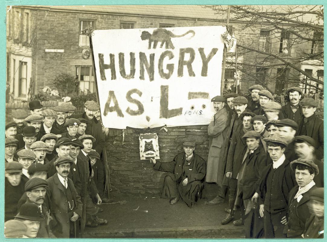 Cambrian Combine Strike. 'Hungry as Lions' banner, Gilfach Goch demo
