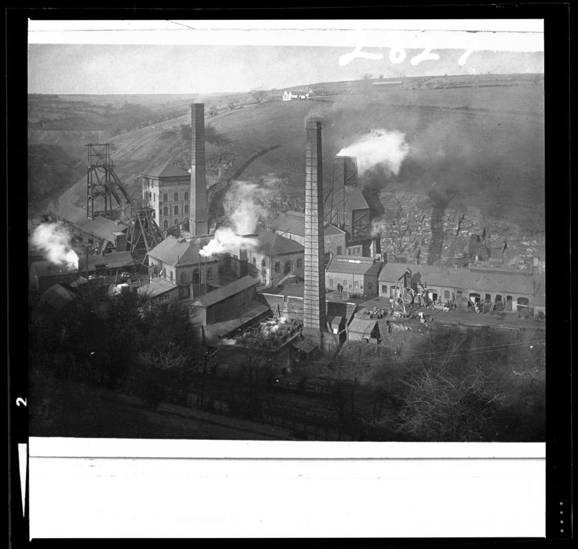 Black and white film negative of a photograph showing a surface view of Tirpentwys Colliery.