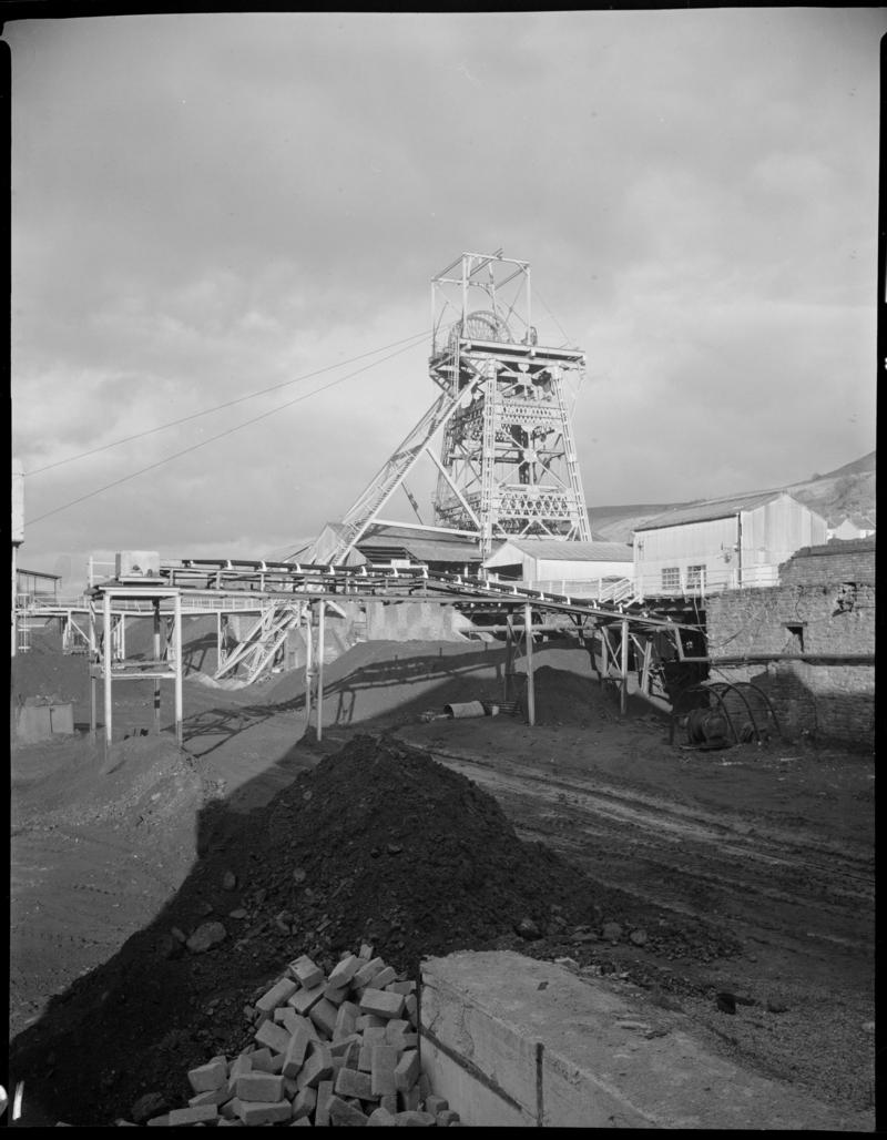 Black and white film negative showing the downcast shaft, Merthyr Vale Colliery 1976.  'Merthyr Vale 1976' is transcribed from original negative bag.  Appears to be identical to 2009.3/2719.