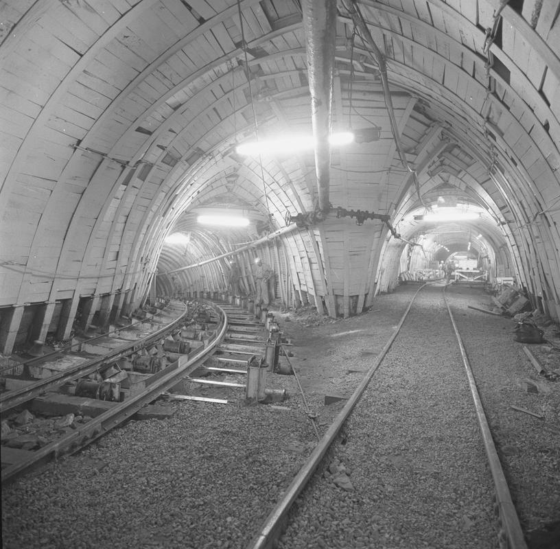 Black and white film negative showing an underground junction, Oakdale Colliery, May 1980.  'Oakdale May 1980' is transcribed from original negative bag.