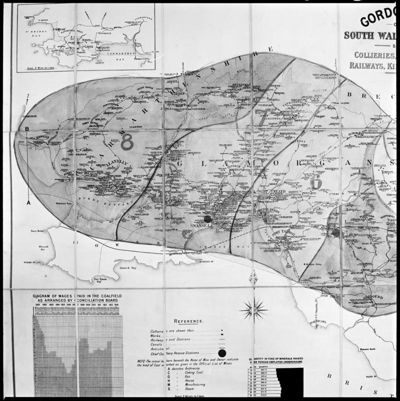 Black and white film negative of the 'Gordon's Map of the South Wales Coalfield showing collieries, works, owners, railways, kinds of coal etc'.