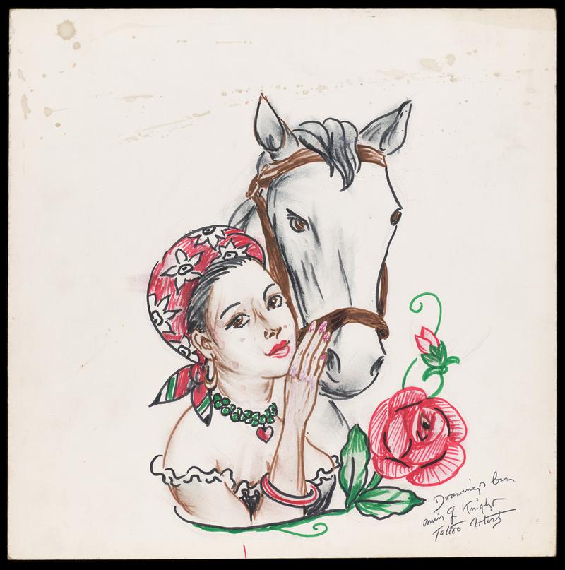 Colour drawing of a woman with a horse. Signed, ‘drawings by Miss J Knight…’