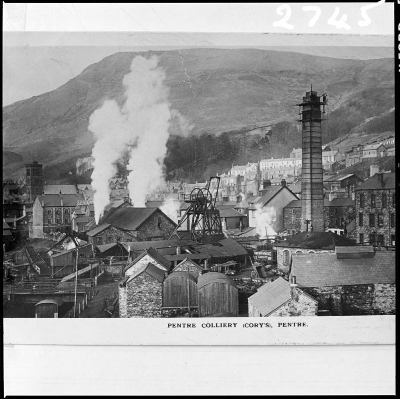 Black and white film negative of a photograph showing a surface view of Pentre Colliery.  'Pentre' is transcribed from original negative bag.