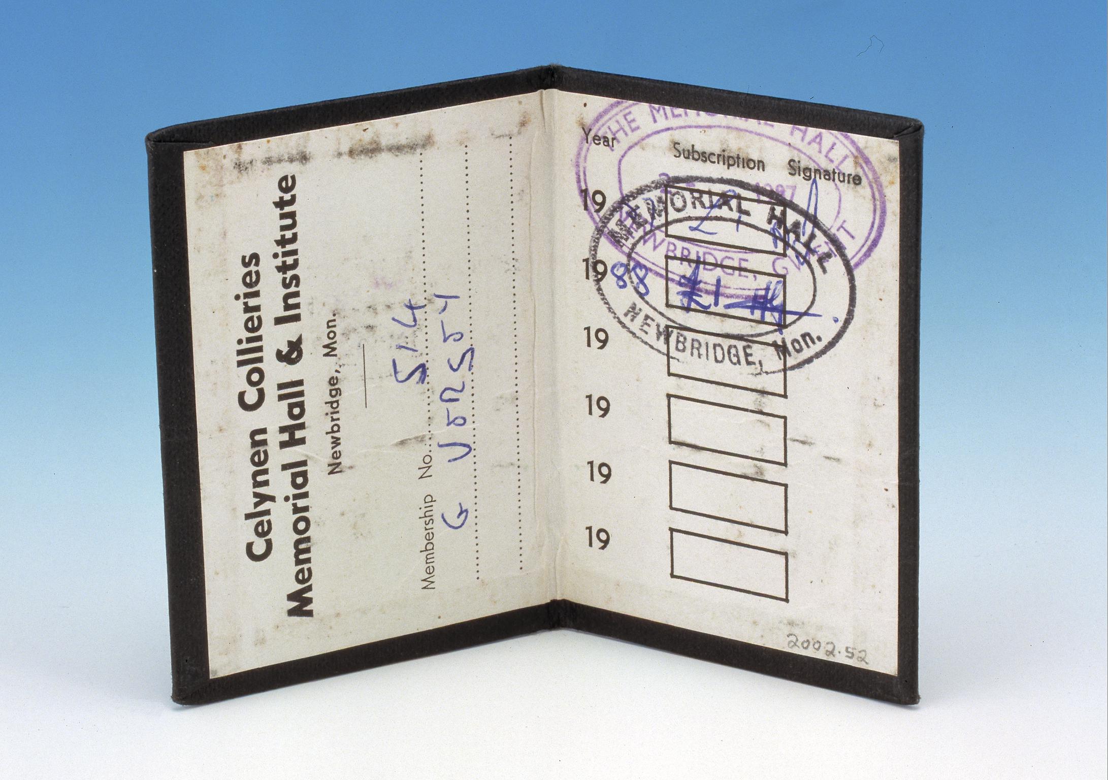 Celynen Collieries Memorial Hall & Institute (memb. card)