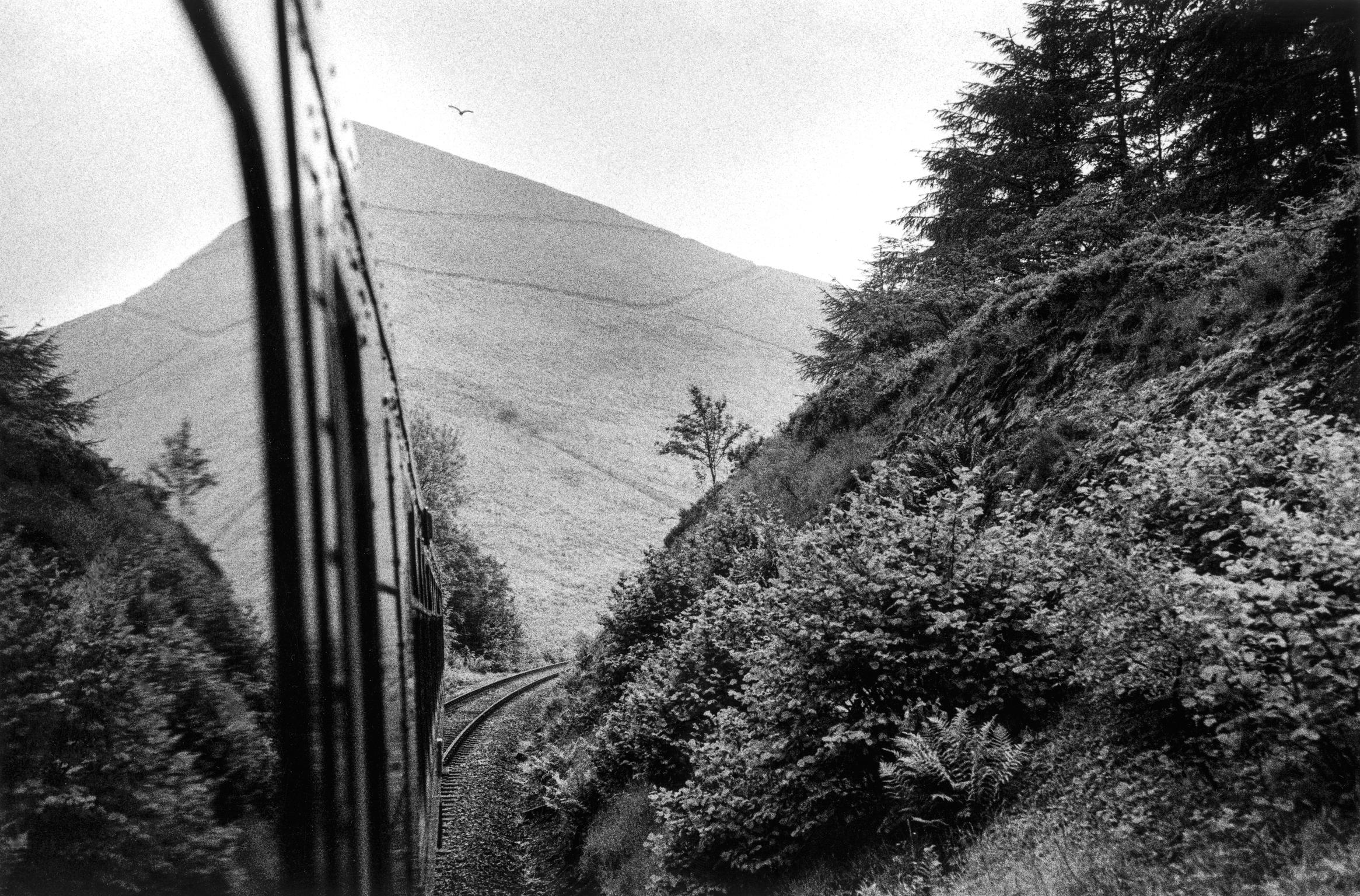 From the train window central Wales railway line. Cynghordy, Wales