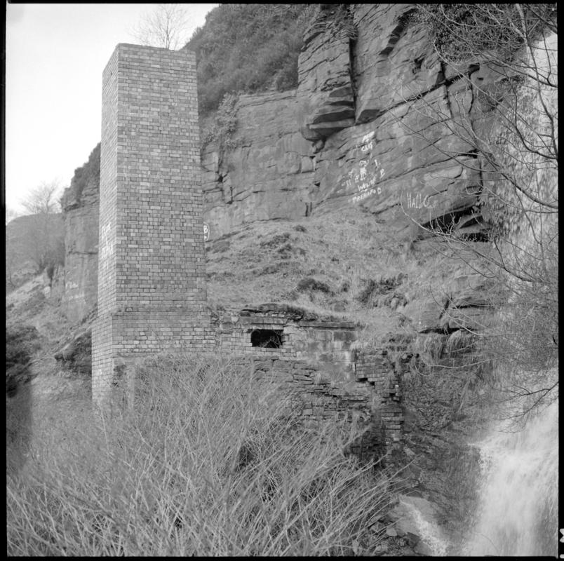 Black and white film negative showing a level and furnace stack, Trehafod, March 1980.  'Level and furnace stack, Trehafod 3/80' is transcribed from original negative bag.