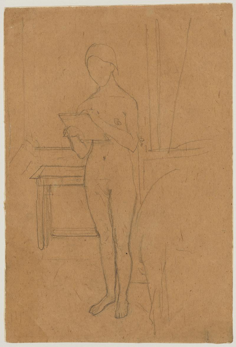 Self portrait, nude, sketching