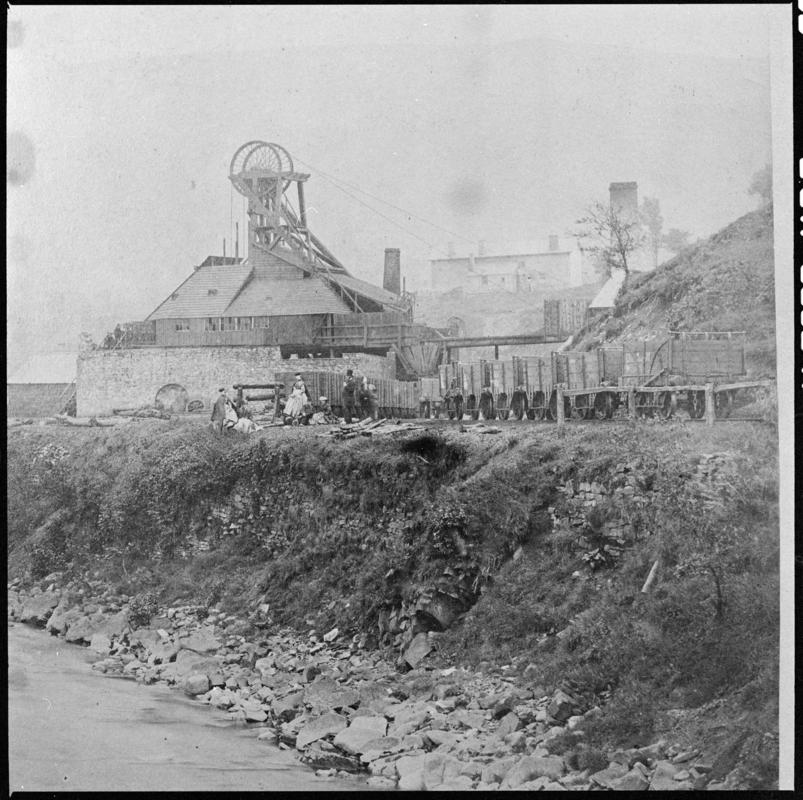 Black and white film negative of a photograph showing a general surface view of Cymmer Colliery, 1860s.   'Cymmer' is transcribed from original negative bag.  Appears to be identical to 2009.3/2449.