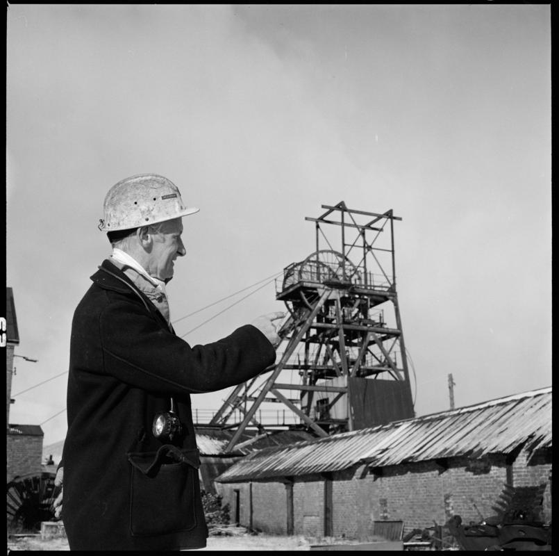 Black and white film negative showing Glyn Morgan the final NCB manager, Big Pit Colliery 28 November 1980.  'Blaenavon 28/11/80' is transcribed from original negative bag.
