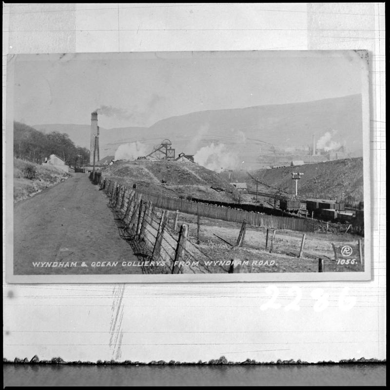 Black and white film negative of a photograph showing a view towards Wyndham Colliery.  Caption on photograph states 'Wyndham & Ocean Collieries from Wyndham Road'.