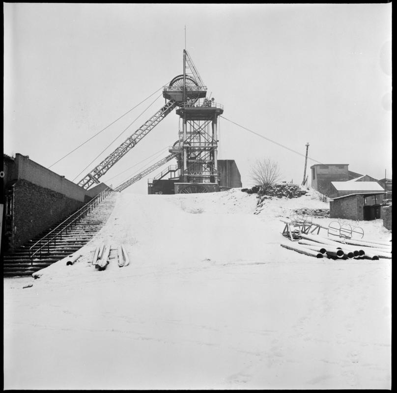 Black and white film negative showing the upcast and downcast headgear, Abercynon Colliery.  'Abercynon' is transcribed from original negative bag.