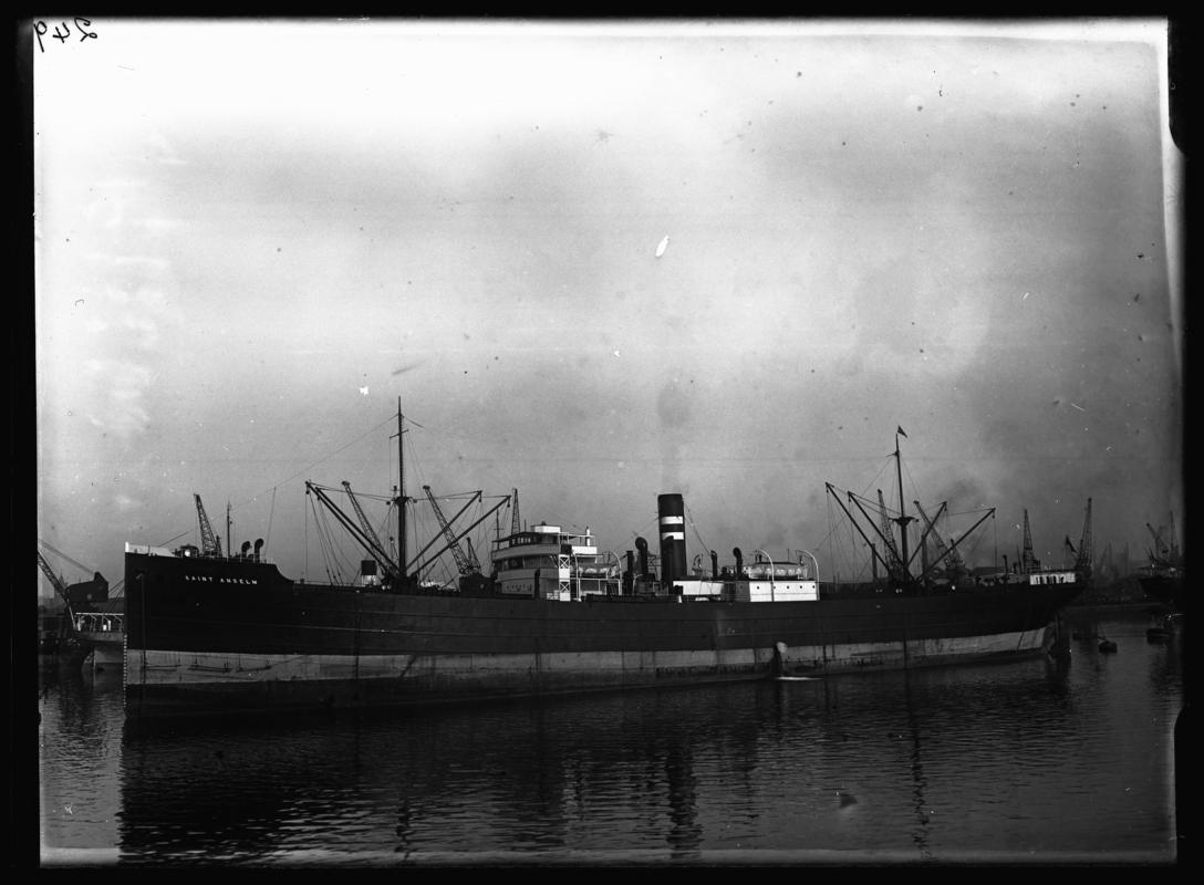 Port broadside view of S.S. SAINT ANSELM at Cardiff Docks, c.1936.