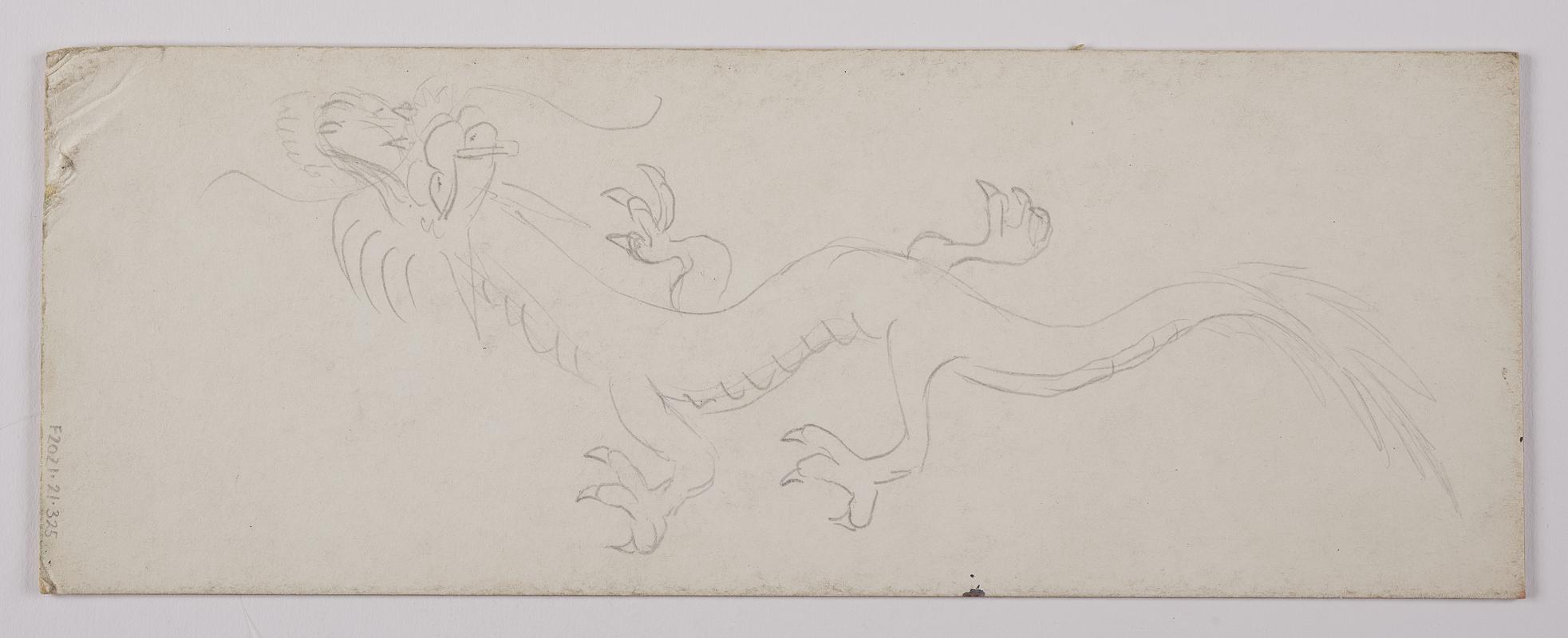 Pencil drawings of dragons on card.