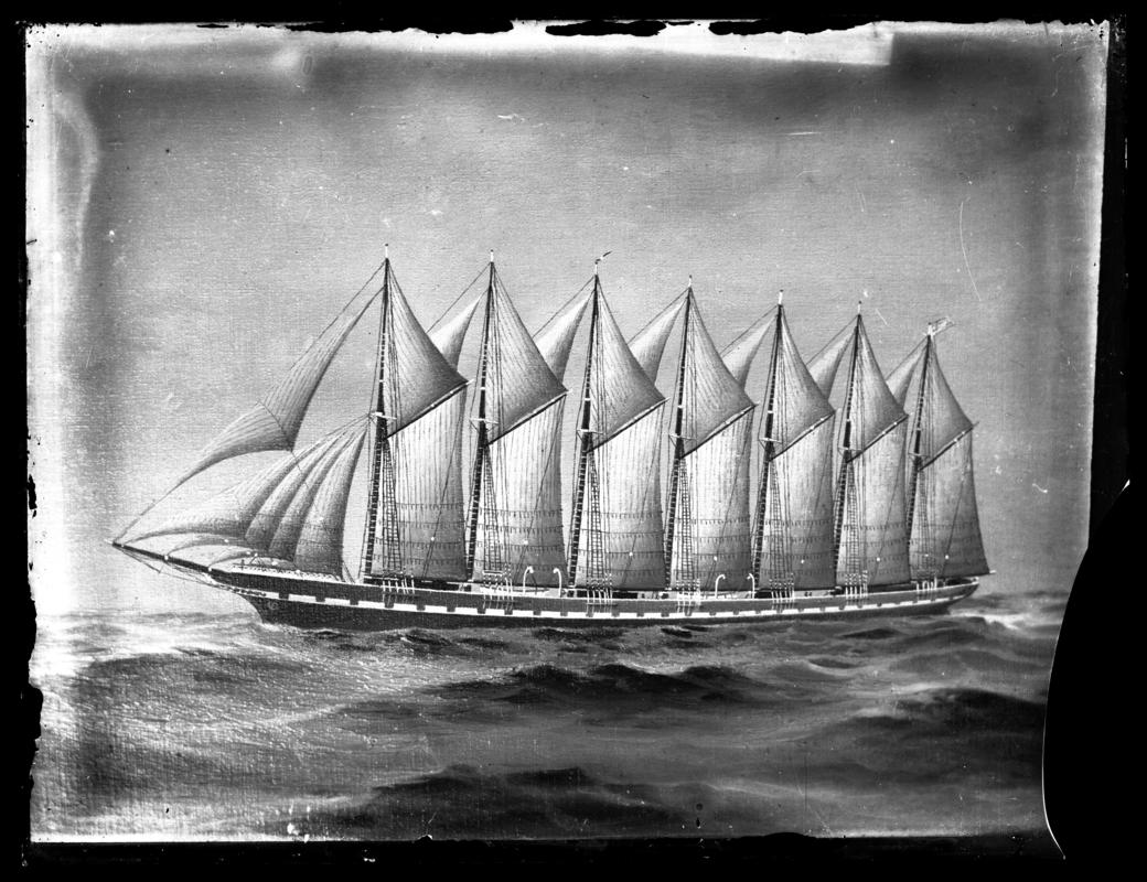 Photograph of a painting showing a port broadside view of the seven-masted schooner AMERICA.
