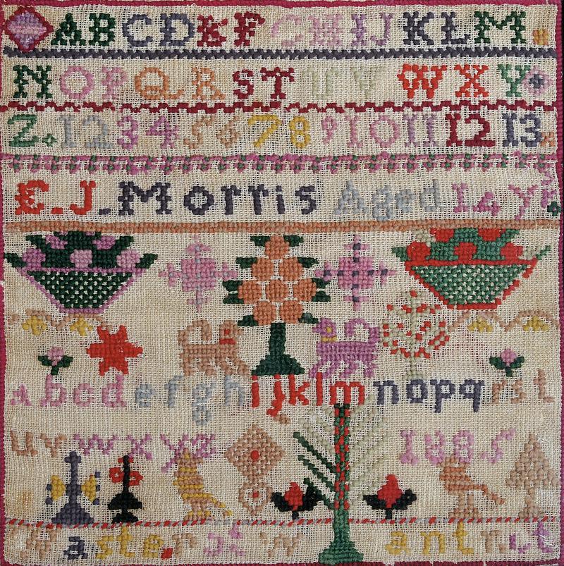Sampler (alphabet & motifs), made in Llangollen, 1885