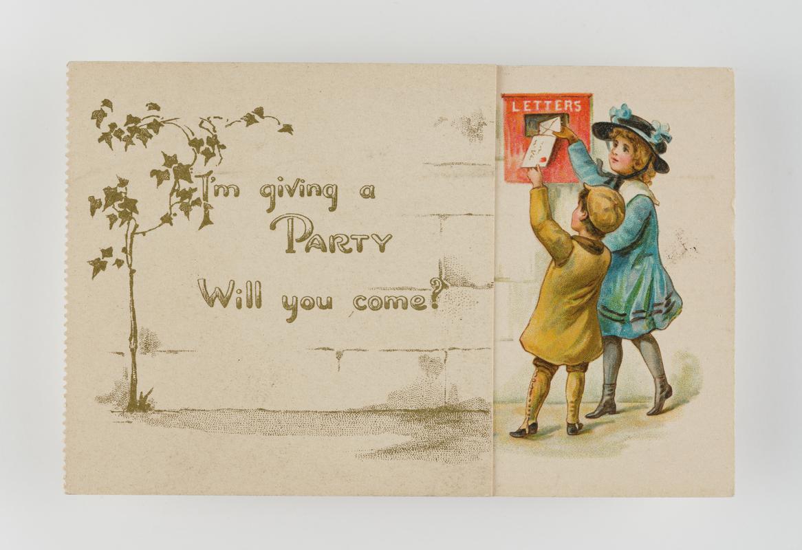 Children on party invitation / reply postcard.