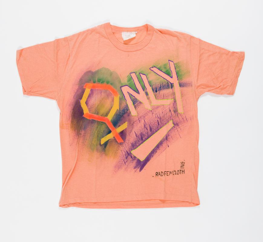 Peach t-shirt with women symbol and word 'Only'.