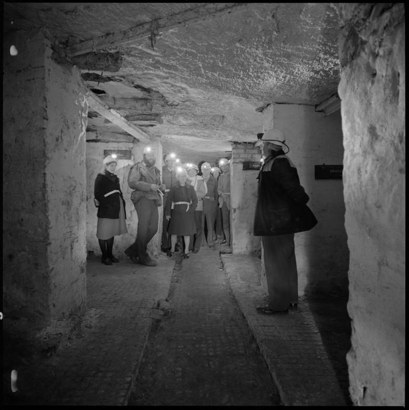 Black and white film negative showing visitors to Big Pit Mining Museum with guide at the underground stables, 1983.  'Big Pit' is transcribed from original negative bag.